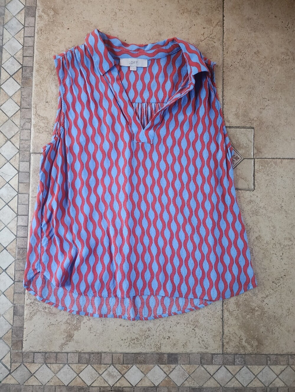LOFT Sleeveless Wave-Print Blue and Red Blouse